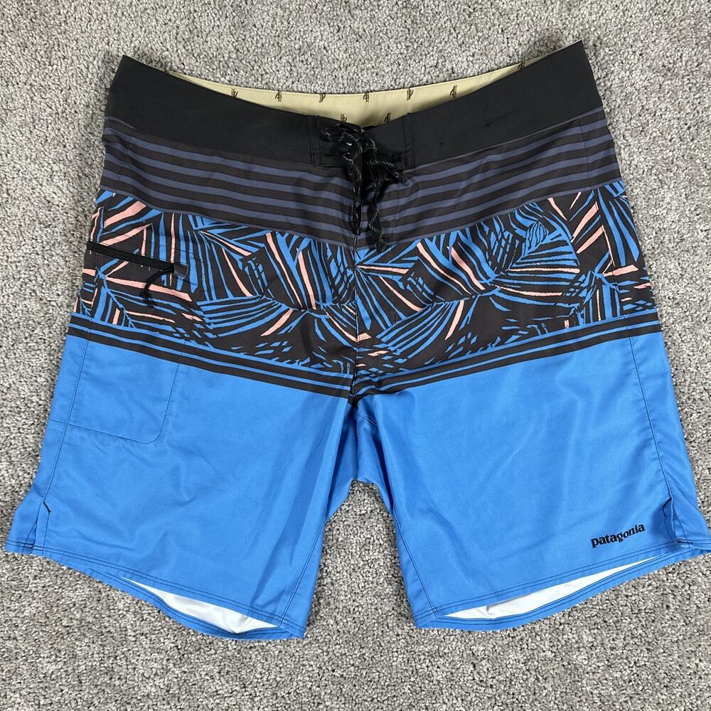 Patagonia Shorts Men’s 36 Rain Fern Stripe Port Blue Stretch Slim Board Shorts